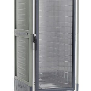 The Metro C539-CFC-L-GYA is a full-height insulated holding/proofing cabinet with lip load aluminum slides, clear front door, bottom control panel with dials, operating at 120V, 60Hz. Its gray and includes labels for slide models.