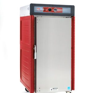 The Metro C548X-ASFS-UA C5 4 Series Insulated Holding Cabinet, in red and stainless steel with full-length solid door, features a digital display on top, operates at 220-240V and 50/60Hz. It includes wheels and a side handle for easy maneuvering.