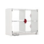 The laboratory fume hood, similar to the sleek Metro HS-REARDOORS Rear Door Kit for Metro2Go Hot Stations, has transparent glass doors with red handles. It includes ventilation grilles and an electric cord at the base, along with a divided interior for organization.