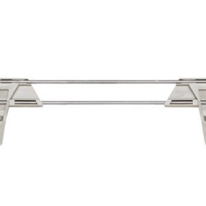 A gray plastic clothes hanger with metal rods and two large clips is ideal for pants or skirts, echoing the Metro MXL36-2S Stackable Shelf Ledges durability. It has adjustable width and hook-like ends to attach to a rod securely.