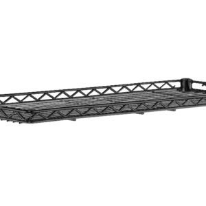 The 12 x 36 Metro 1236CSNBL Super Erecta Industrial Wire Cantilever Shelf, in black, features a wall-mounted design with lattice sides, a flat base, and raised edges for secure storage. The image showcases the shelf against a white background.