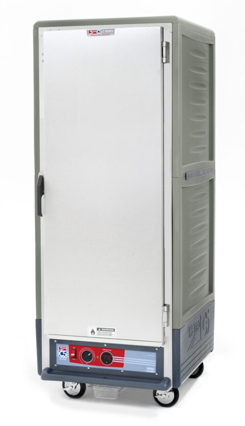 wrocvk2fbo03s4ud262gr1tsnqx5zhyz.jpg The Metro C539-HFS-4-GY C5 3 Series Insulated Holding Cabinet is a full-height, gray commercial food warmer with a solid front door, fixed wire slides, and bottom control panel on wheels for easy mobility. It operates at 120V and 2000W.