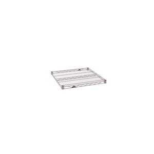The Metro Super Erecta 2424NK4 Wire Shelf, sized 24 x 24, has a square grid metal design with short edges. Its industrial silver look, enhanced by a durable Metroseal Gray Epoxy coating, makes it ideal for shelving units.
