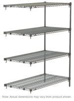 The Metro Super Adjustable Super Erecta AA346C is a chrome 4-shelf industrial wire shelving add-on unit with adjustable shelves and sturdy vertical poles, measuring 18 x 42 x 63, though dimensions may slightly vary.
