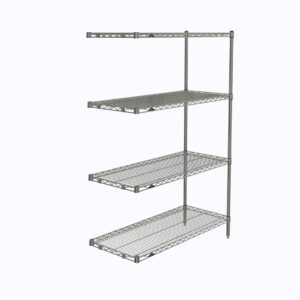 The Metro AN346C Super Erecta Add-On Unit, 18 x 42 x 63, offers a chrome finish with four wire shelves, ideal for organizing against a light gray backdrop.
