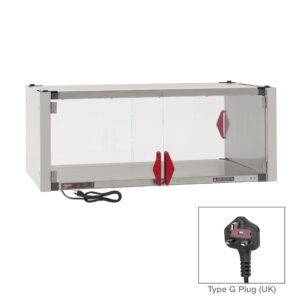 The Metro HSX2442-EKIT-UK Super Erecta Hot Enclosure Kit includes a stainless steel heated shelf, measures 42.7 x 27.7 x 17.4, and features a black power cord with a Type G UK plug for convenience, operating at 220-240V and 504-600W.