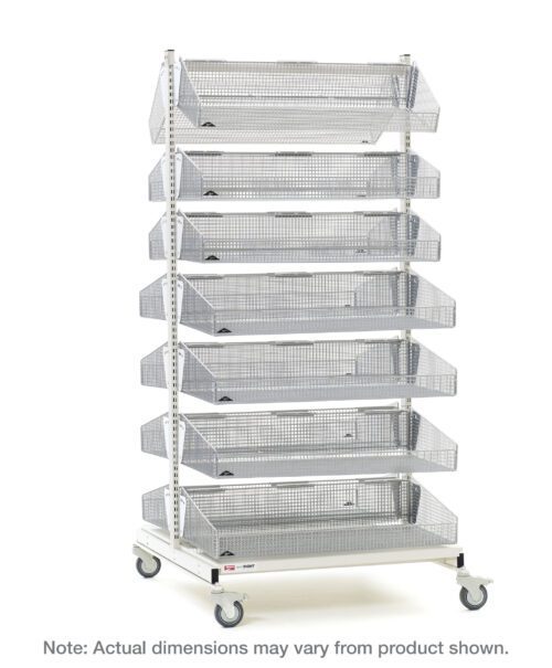 The Metro QB218-M14 qwikSIGHT Mobile Double-Sided 14-Basket Shelving Unit is a metal rack with mesh baskets on wheels, labeled at the top. It measures 18 L, and theres a note stating, Actual dimensions may vary from product shown, against a plain white background.