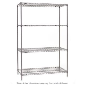 The Metro SE-215474K4-S-4 Super Erecta 4-Shelf Industrial Wire Shelving Starter Unit in Metroseal Gray Epoxy provides four adjustable wire shelves for efficient storage, with dimensions of 21 x 54 x 74.