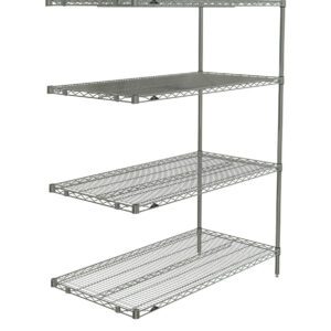 The Metro AN556BR Super Erecta 4-Shelf Industrial Wire Shelving Add-On Unit is a Brite finished, metal structure measuring 24 x 48 x 63. It features four evenly spaced shelves supported by corner vertical rods for sturdy storage against a white backdrop.