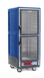 The Metro C539-HDC-U-BUA C5 3 Series is a blue full-height insulated holding cabinet with Dutch clear doors, mounted on four wheels. It has universal wire slides, control knobs, vents for efficient temperature management, and operates at 120V.
