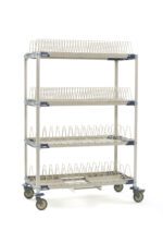 The MetroMax i PR48VX4-XDR Mobile Drying Rack, 26 x 50 x 68, features four mesh wire shelves, triangular dividers, two pan racks, and a drip tray. This portable unit on a wheeled base ensures secure and efficient drying.
