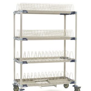 The MetroMax i PR48VX4-XDR Mobile Drying Rack, 26 x 50 x 68, features four mesh wire shelves, triangular dividers, two pan racks, and a drip tray. This portable unit on a wheeled base ensures secure and efficient drying.
