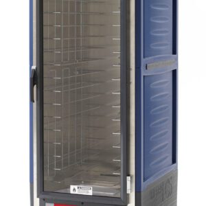 The Metro C539-CXFC-L-BU is a tall, blue insulated holding/proofing cabinet featuring a full-height clear door and lip load aluminum slides. It has four caster wheels, control knobs, and a label at the bottom. Note: Shown with Fixed Wire Slides. Operates on 220-240V, 50/60Hz, 1681-2000W.