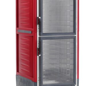 The Metro C539-MDC-4A C5 3 Series is a full-height, red insulated moisture heated holding/proofing cabinet with Dutch Clear Doors, fixed wire slides, and operates at 120V for efficient heating.