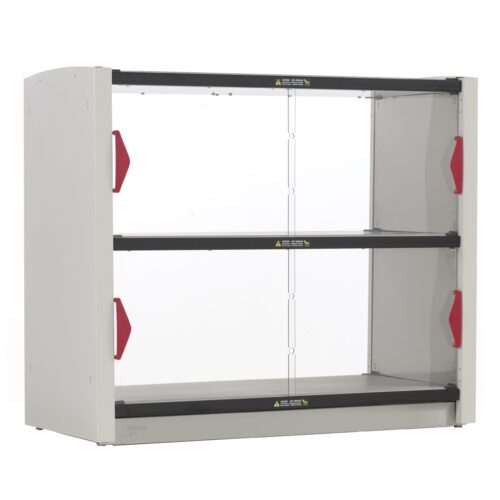 The Metro2Go GG2CD-HS1842 120V, 800W Grab and Go 2-Shelf Hot Station with Doors features a modern design in white with two open shelves, glass sides, red handles, black-edged shelves, and yellow caution labels for an industrial look.