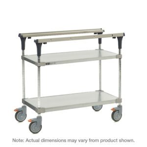 The Metro MS1830-FGFG PrepMate MultiStation 30 Prep Station is a metal utility cart with solid galvanized top and bottom shelves, chrome posts, and four wheels—two with orange stoppers. Note: Actual dimensions may vary from product shown.