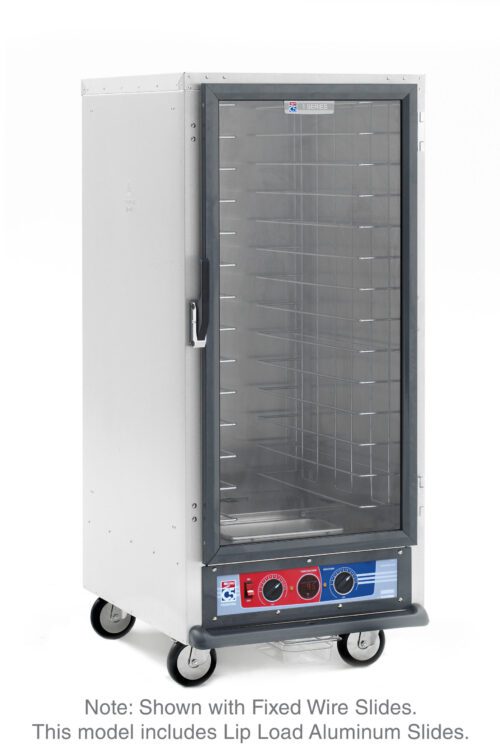 The Metro C517-PXFC-LA C5 1 Series is a 3/4 height proofing cabinet with lip load aluminum slides, a clear door, and a bottom control panel featuring dials. This stainless steel unit operates at 1210-1440W and is mounted on four wheels for easy mobility.