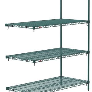 The Metro Super Adjustable Super Erecta AA416K3 is a green, three-tiered industrial wire shelving add-on unit with dimensions 21 x 24 x 63. Each shelfs grid is supported by corner poles.