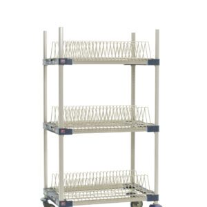 The MetroMax 4 MAX4-PR36VX2 Mobile Drying Rack, measuring 26 x 38 x 68, features a three-tier design with tray racks. Its displayed with a silver finish and four swiveling wheels, perfect for organizing and transporting items efficiently.