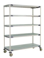 The MetroMax i 5X567EGX3 is a 5-shelf industrial plastic shelving cart with four adjustable shelves and a solid bottom, designed for easy mobility with its light frame on wheels. It’s ideal for organizing items at home or in industrial settings. Dimensions: 24 x 60 x 79.3125.