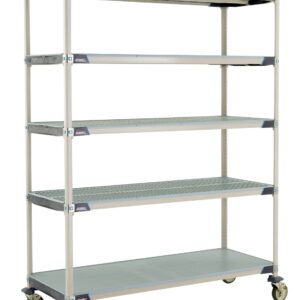 The MetroMax i 5X567EGX3 is a 5-shelf industrial plastic shelving cart with four adjustable shelves and a solid bottom, designed for easy mobility with its light frame on wheels. It’s ideal for organizing items at home or in industrial settings. Dimensions: 24 x 60 x 79.3125.