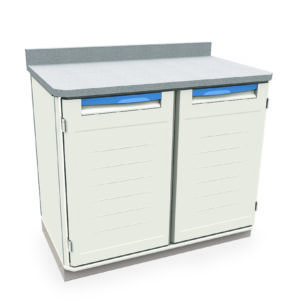 The Metro SXR36WC12 Starsys Stationary Workcenter has a white cabinet with two doors, blue handles, and a gray countertop with horizontal grooves. Its modern aesthetic includes an overhanging countertop against a plain white background.