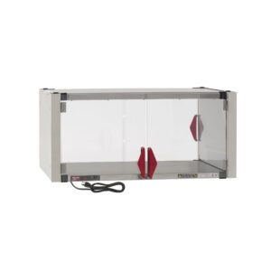 The Metro HS1836-EKIT Super Erecta Hot Enclosure Kit includes a stainless steel heated shelf, measuring 36.7 x 21.7 x 17.4, with two transparent sliding doors with red handles and a bottom control panel, designed for optimal performance on a 120V supply.
