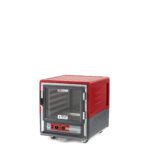 A red and gray countertop commercial pizza oven with a glass door and front control panel, compact for limited spaces, offers advanced performance akin to the Metro C533-HXFC-L C5 3 Series Insulated Holding Cabinet, which features an undercounter design and full-length clear door.