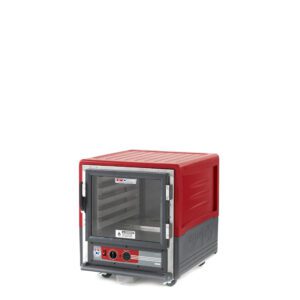 A red and gray countertop commercial pizza oven with a glass door and front control panel, compact for limited spaces, offers advanced performance akin to the Metro C533-HXFC-L C5 3 Series Insulated Holding Cabinet, which features an undercounter design and full-length clear door.