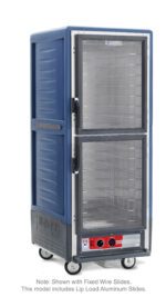 The Metro C539-HDC-L-BUA C5 3 Series is a full-height insulated holding cabinet featuring Dutch clear doors, Lip Load Aluminum Slides, metal shelves, and wheels. This 120V model has knobs on the control panel in its blue bottom section.