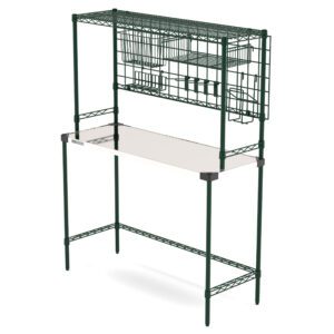 The Metro CR1848AIO All-In-One Prep Station, sized 18 x 48 x 63, features a white tabletop with wire shelves, hooks, and baskets. Its minimalist open design consists of green metal coated in durable Metroseal Green Epoxy, making it perfect for organizing.