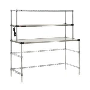 The Metro EZHS60W-KIT Super Erecta Hot Workstation offers a sleek design with a stainless steel heated shelf. Measuring 24 x 60 x 64, it includes two shelves, a spacious tabletop, and an integrated 120V electrical outlet strip, featuring a silver finish with black accents for added convenience.