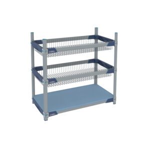 The 40 three-tier metal storage rack has two wire mesh shelves with a solid blue 18 x 36 shelf at the bottom and a gray frame accented by blue brackets. Ideal for the Metro GWBX3-1 MetroMax i Glassware Basket Carts.