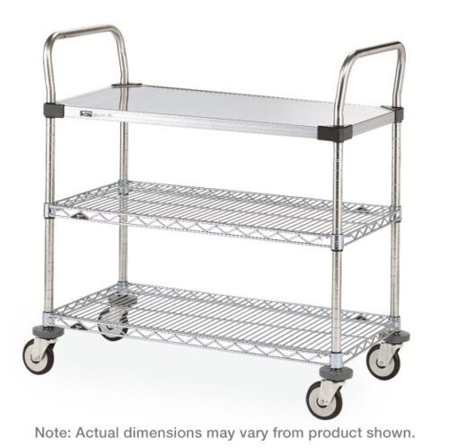 The Metro MW404 MW Series Utility Cart features a stainless steel solid top shelf, two chrome wire shelves below, four caster wheels, and dual handles. Its dimensions are 21 x 36 x 39, though they may vary.