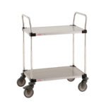 The Metro MW104L Super Erecta Lab Utility Cart features two stainless steel shelves, dimensions of 18 W x 30 L x 39.5 H, four wheels, and two curved handles, offering a simple and sturdy design for versatile use.