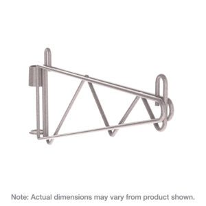 The Metro 1WS24K4 Super Erecta Post-Type Wall Mount provides a triangular support for 24 wide shelves and features looped ends, with dimensions that may vary.