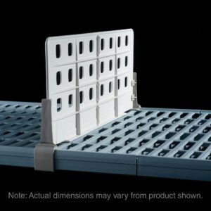 The MetroMax Q MQD24-8 Standard Duty Shelf Dividers feature a white, perforated divider panel in the middle, secured by two clips. Note: Actual dimensions may vary from product shown (24 L x 8 H).