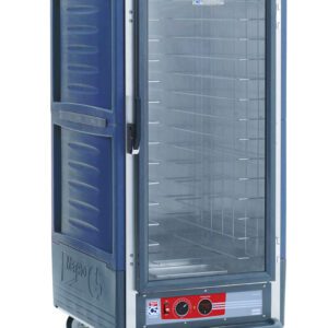 The Metro C537-HLFC-L-BUA is a 3/4 height insulated holding cabinet in blue, with a full-length clear door and aluminum slides. It features wheels, a red control panel at the bottom, internal wire shelves for trays, and maintains temperatures efficiently during transport at 60Hz.