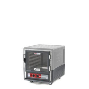 The Metro C533-HLFC-L-GYA insulated holding cabinet is gray with a red logo and shown on a white background. It features a full-length clear door, rectangular shape, and label beside the control knob. Operating efficiently at 120V, it ensures consistent performance in any setting.