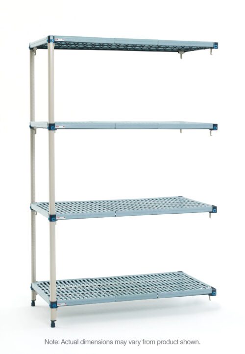 The MetroMax Q AQ316G3 Shelving Add-On Unit features four adjustable shelves on vertical poles, measuring 18 x 24 x 63, though dimensions may vary slightly.
