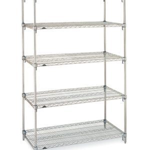 The Metro Super Adjustable Super Erecta 5A477C is a chrome shelving unit with five adjustable shelves and a sturdy frame, measuring 21 x 72 x 74. Its freestanding and open on all sides, making it ideal for storage. Note: Dimensions may vary from those shown.