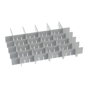 The Metro FL141 Divider Kit for Flexline/Lifeline 3 Drawers is a grey plastic organizer with an egg crate-style grid, ideal for neatly dividing storage space.