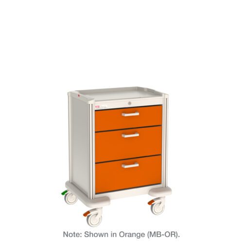 The Metro MBP0120TL Basix Plus Medical Cart boasts a sleek design with three vivid orange drawers and a durable white frame. It includes four caster wheels—two with brakes—for mobility and security. Additionally, it features a flat top surface and is labeled MB-OR.