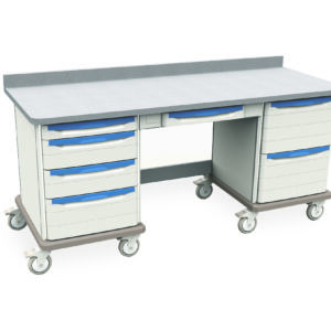The Metro SXRK32MW5 Starsys Mobile Workcenter has a gray countertop and two sets of three blue-handled drawers. Equipped with wheels, this workstation is designed for easy movement and convenience.