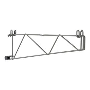 The Metro SWD24K4 SmartWall Double Shelf Support is designed for 24 deep shelves, featuring a triangular metal wall bracket with hook attachments. Its Metroseal Gray Epoxy finish enhances durability and is displayed here in a folded position.