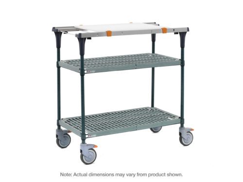 The Metro MS1848-PRPR-PK1 PrepMate MultiStation 48 Prep Station with Accessory Pack 1 features Super Erecta Pro top and bottom shelves, Metroseal Green Epoxy posts, side handles on the top shelf, and is supported by four swivel caster wheels. Note: Actual dimensions may vary from product shown.
