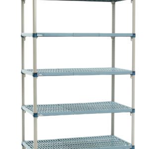 The MetroMax Q 5Q447G3 5-shelf plastic industrial unit, measuring 21 x 42 x 74, features a gray lattice design with adjustable shelves supported by four vertical posts. Note: Actual dimensions may vary.