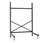 A black metal frame with a rectangular structure measures 22.5 x 28.25 x 76.375. It has adjustable shelf slots, a cross brace, and horizontal base supports, perfect for holding the Metro SM761824-KIT SmartLever Adjustable Cantilever Workstation Base Kit for 18 x 24 Metro Shelving.