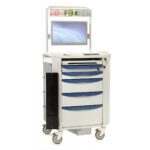 The Metro FLXANES-KLIFE Flexline Anesthesia Cart, designed for hospital or clinical use, features blue and white drawers, a digital monitor on top, and compartments with medical supplies. Its mobile and efficient for quick access in fast-paced environments.