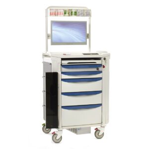 The Metro FLXANES-KLIFE Flexline Anesthesia Cart, designed for hospital or clinical use, features blue and white drawers, a digital monitor on top, and compartments with medical supplies. Its mobile and efficient for quick access in fast-paced environments.
